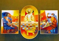 Les pèlerins d’Emmaüs : triptyque peint par Arcabas en 1998 et placé dans le chœur de l’église.